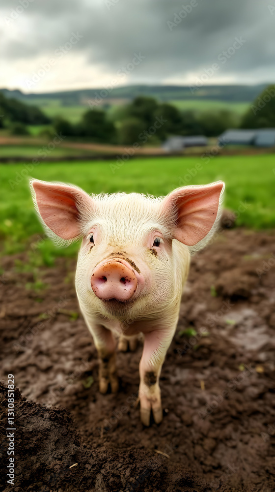 Adorable Pink Piglet In Muddy Farm Pasture Adorable Pink Piglet In Muddy Farm Pasture