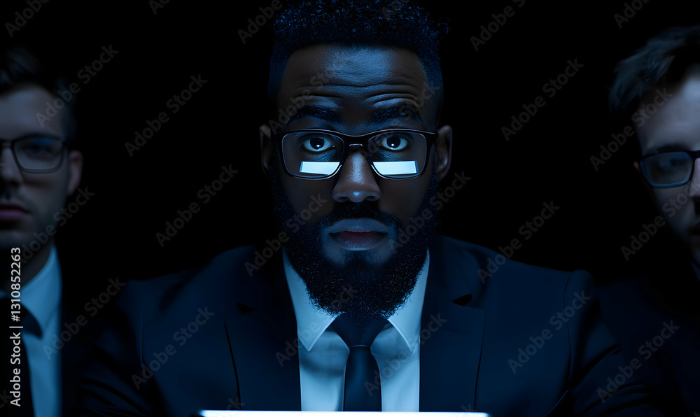 Focused Businessmen Analyzing Data in Dark Room with Laptops Focused Businessmen Analyzing Data in Dark Room with Laptops