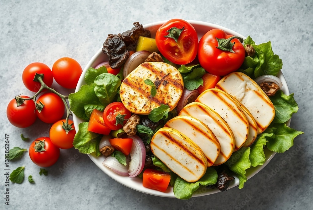 Fresh Grilled Halloumi Salad with Colorful Vegetables and Cherry Tomatoes Fresh Grilled Halloumi Salad with Colorful Vegetables and Cherry Tomatoes