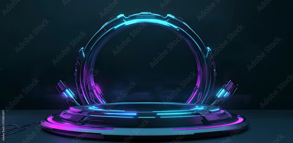 3D rendering of an abstract futuristic background with blue and purple neon lights, geometric shapes on a black empty stage for product presentation in virtual reality or a science fiction technology. 3D rendering of an abstract futuristic background with blue and purple neon lights, geometric shapes on a black empty stage for product presentation in virtual reality or a science fiction technology.