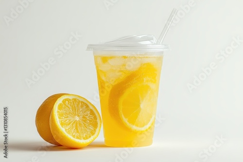 Wallpaper Mural Refreshing iced lemon drink in a plastic cup with straw and lemon slices. Perfect for summer beverage, menu, or refreshment concepts. Torontodigital.ca