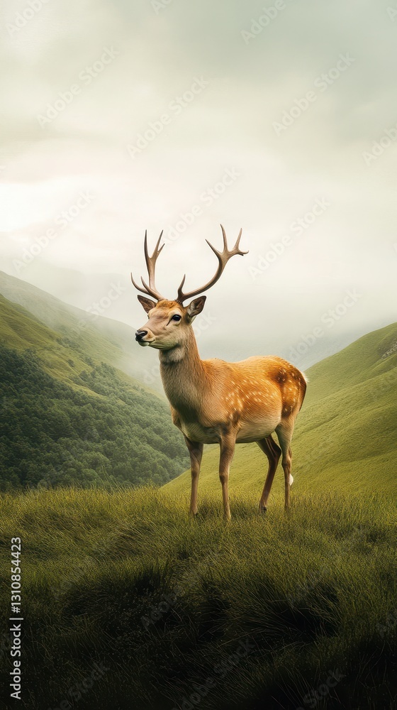 Obraz premium Pixel Art Deer in Misty Mountain Landscape