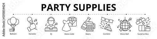 Party Supplies Line Banner Web Icon Set Vector Illustration, Balloon Karaoke DJ Dress Code Beers Confetti Disco Ball Surprise Box