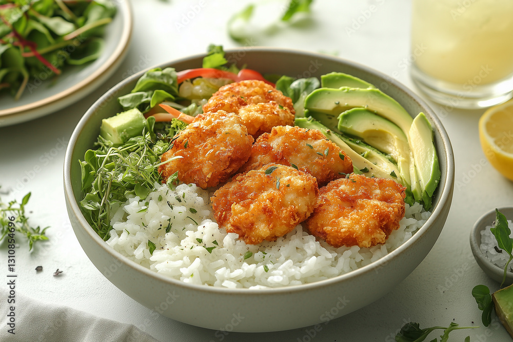 Delicious and Healthy Shrimp Bowl with Rice and Fresh Avocado Slices Delicious and Healthy Shrimp Bowl with Rice and Fresh Avocado Slices