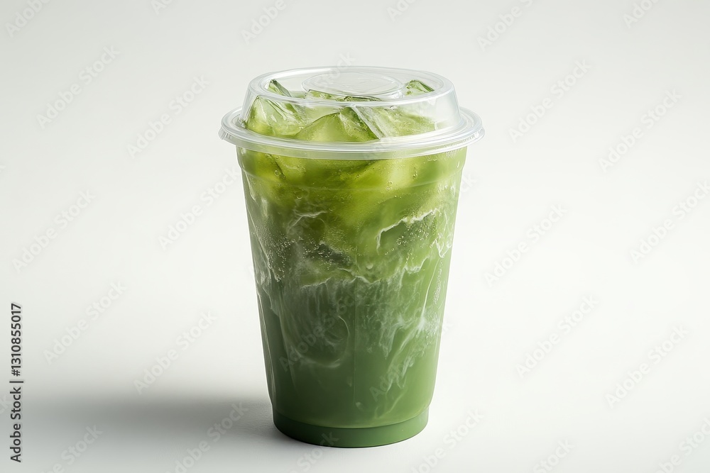 Iced matcha latte in plastic cup with lid and ice. Perfect for menus, blogs, or any matcha-related content. Iced matcha latte in plastic cup with lid and ice. Perfect for menus, blogs, or any matcha-related content.
