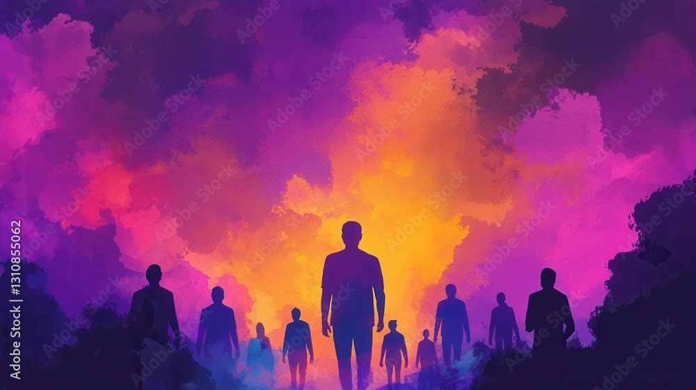 Fototapeta premium Silhouettes of People Walking Towards a Vibrant Colorful Background