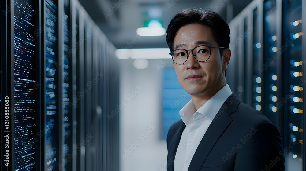Fototapeta premium Professional Man in Business Attire in Data Center with Servers