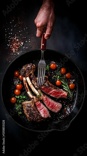 Fototapeta Naklejka Na Ścianę i Meble -  Delicious Grilled Ribeye Steak In Cast Iron Skillet Photo With