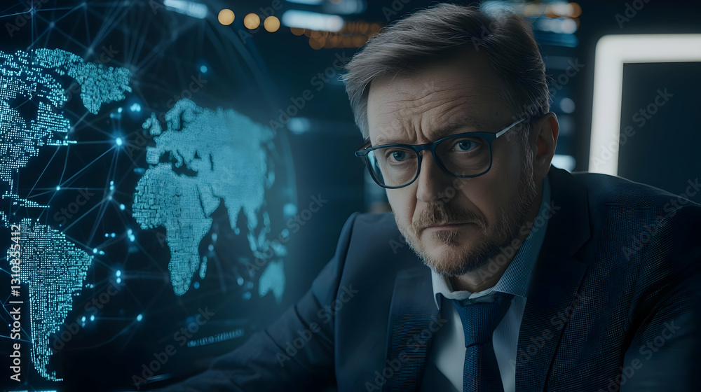 Serious Businessman Analyzing Digital Data in Modern Office Environment Serious Businessman Analyzing Digital Data in Modern Office Environment