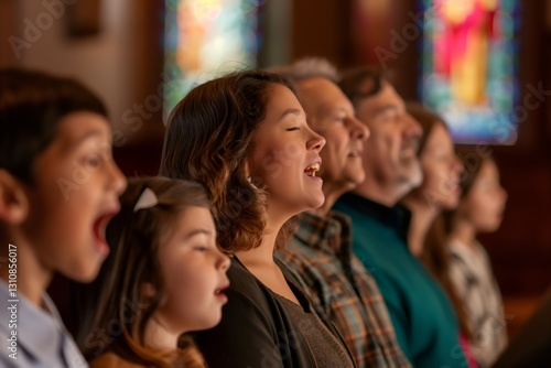 In a cheerful church setting, a family joyfully sings hymns together, showcasing their unity and faith. Stained glass windows illuminate their heartfelt expressions