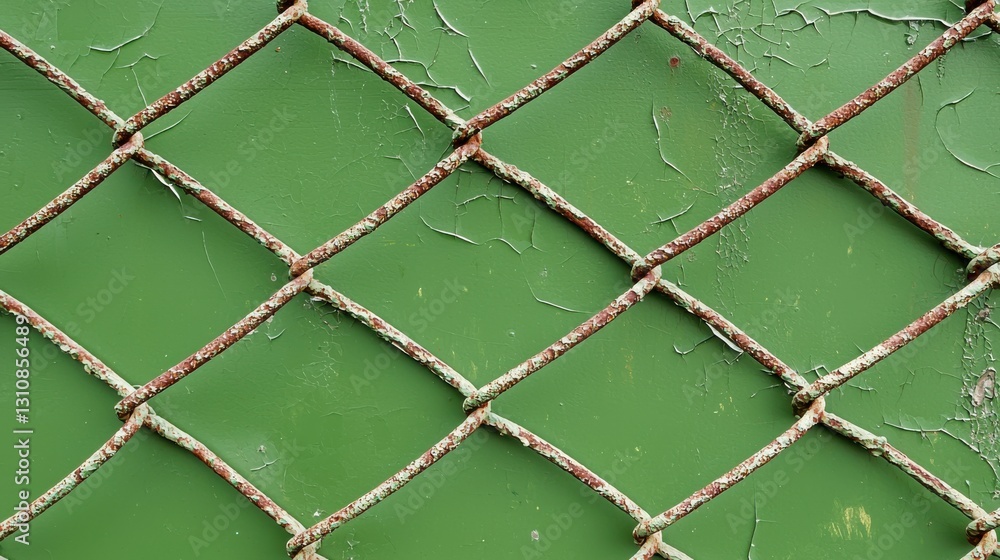 Fototapeta premium Close-up of rusted chain-link fence against a green background, showcasing weathered texture and geometric pattern.
