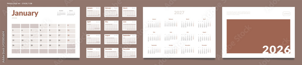 2026 Calendar Planner Set of Template Monthly Page, Cover with Place for Photo, Company Logo, Annual 2027. Vector layout of a wall or desk calendar with week start Monday for print. Page A4 -21x29.7cm 2026 Calendar Planner Set of Template Monthly Page, Cover with Place for Photo, Company Logo, Annual 2027. Vector layout of a wall or desk calendar with week start Monday for print. Page A4 -21x29.7cm