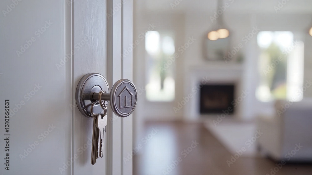 Key in Door Lock with Modern Living Room Background Key in Door Lock with Modern Living Room Background