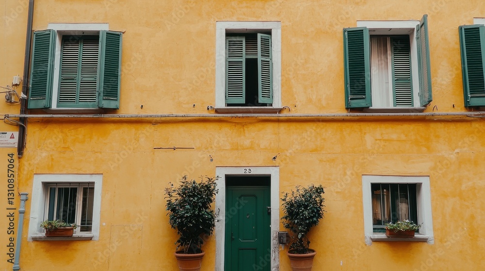 Charming Yellow Wall with Green Shutters in Urban Setting Charming Yellow Wall with Green Shutters in Urban Setting