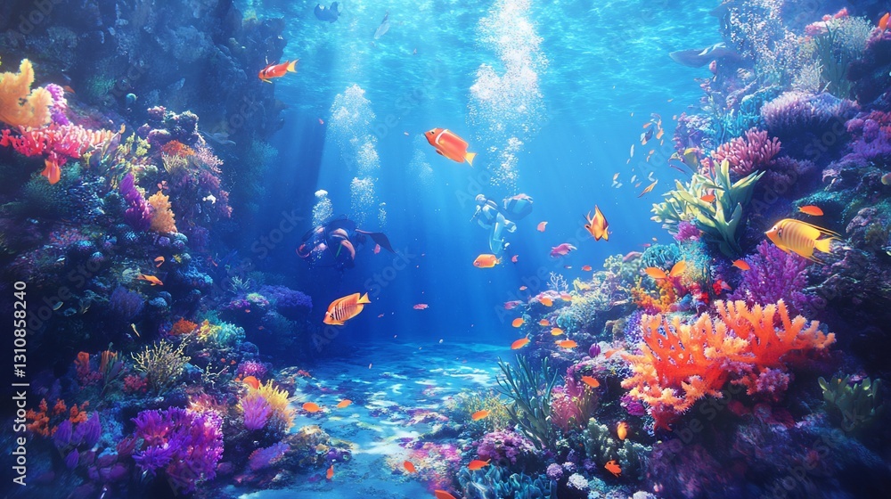 Naklejka premium Vibrant Coral Reef Ecosystem with Scuba Divers Exploring Underwater World