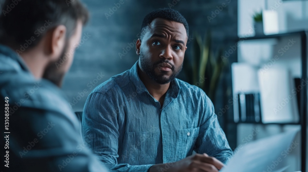 Thoughtful Discussion Between Two People in Office Thoughtful Discussion Between Two People in Office