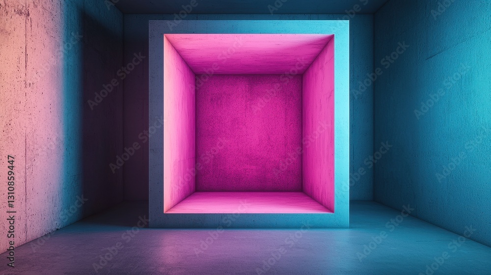 Abstract Futuristic Space with Neon Lighted Square Shape Interior Abstract Futuristic Space with Neon Lighted Square Shape Interior