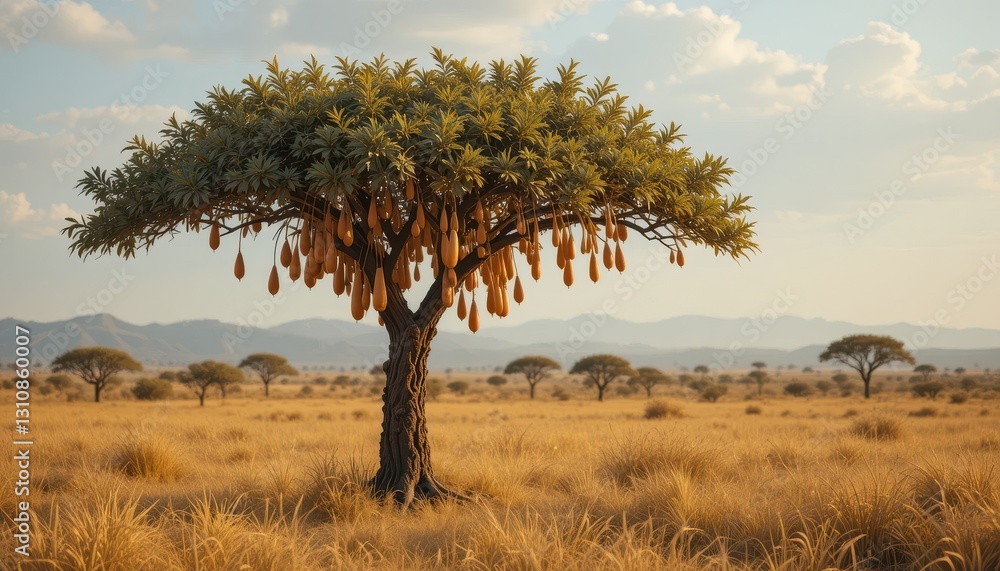 African Savanna Landscape with Unique Fruiting Tree at Golden Hour African Savanna Landscape with Unique Fruiting Tree at Golden Hour
