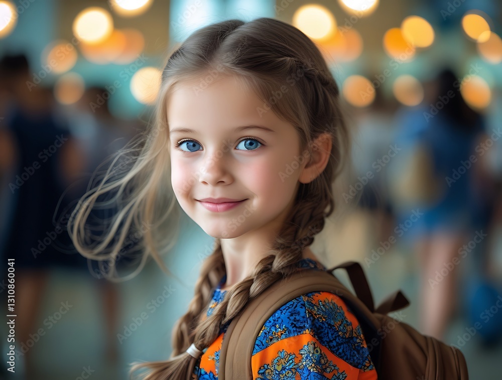 Innocence and warmth radiate from this young girl with braided hair, bright blue eyes, and a charming smile. She wears an orange dress with blue patterns and carries a backpack in a softly lit environ Innocence and warmth radiate from this young girl with braided hair, bright blue eyes, and a charming smile. She wears an orange dress with blue patterns and carries a backpack in a softly lit environ