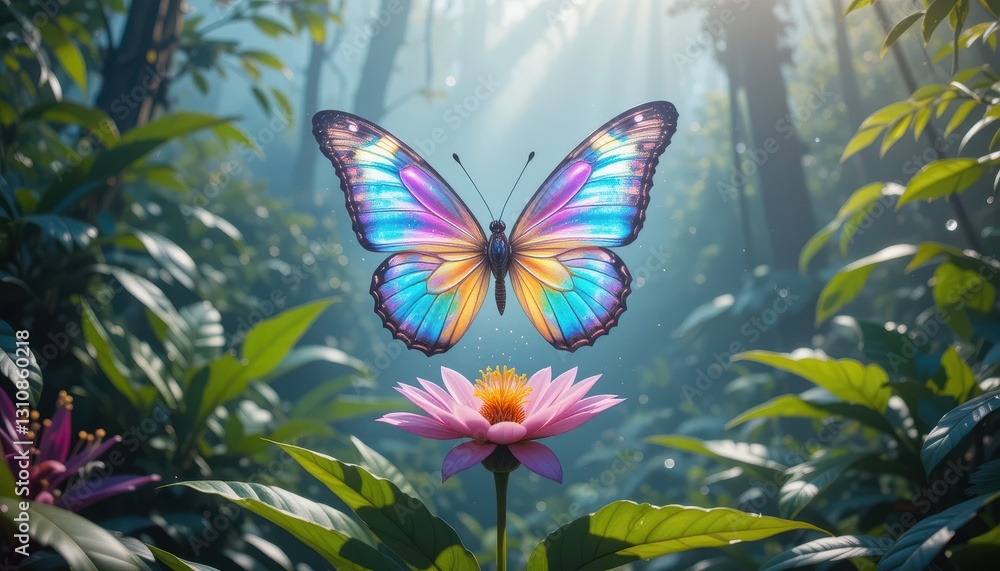 Obraz premium Vibrant iridescent butterfly hovering over a pink flower in a lush green tropical forest