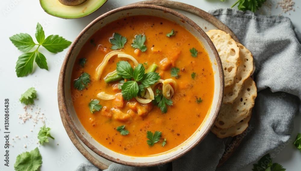 A Vibrant Bowl of Carrot Soup with Fresh Herbs and Avocado Slice A Vibrant Bowl of Carrot Soup with Fresh Herbs and Avocado Slice