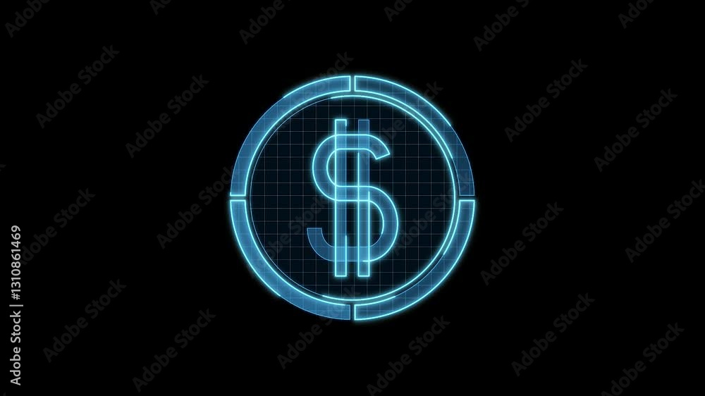 Dollar sign icon motion animation, continuous seamless loop from 1 to 7 second mark, futuristic cyber technology look, neon laser lines on black background. Dollar sign icon motion animation, continuous seamless loop from 1 to 7 second mark, futuristic cyber technology look, neon laser lines on black background.