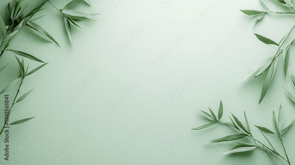 Minimalist green background with elegant bamboo leaves framing the corners, ideal for natural-themed designs. Minimalist green background with elegant bamboo leaves framing the corners, ideal for natural-themed designs.