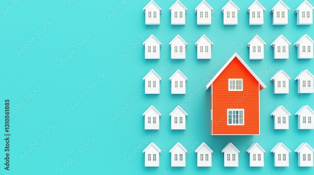 Orange House Surrounded by White Houses on a Blue Background Orange House Surrounded by White Houses on a Blue Background