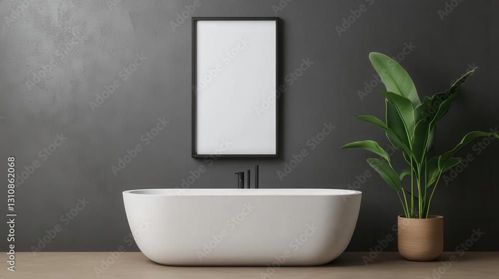 Fototapeta premium Mockup of rectangular frames with beveled edges, displaying closeup macro photography of water droplets, mounted above a freestanding bathtub, 3D render