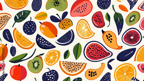 Colorful Pattern Featuring Various Fruits and Leaves on White Background