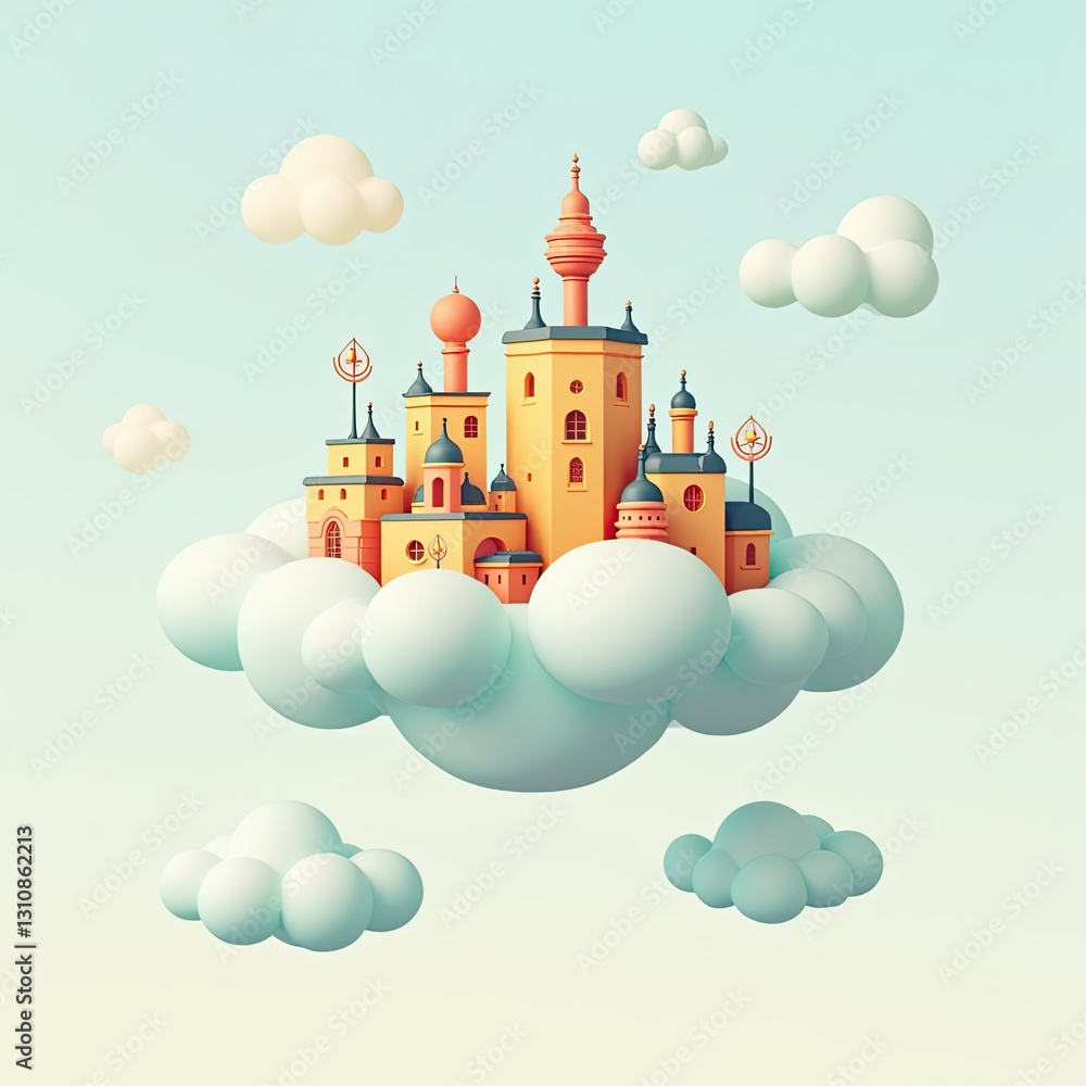 Naklejka premium Fairytale Castle on Clouds, Fantasy Illustration - 3D Renderings