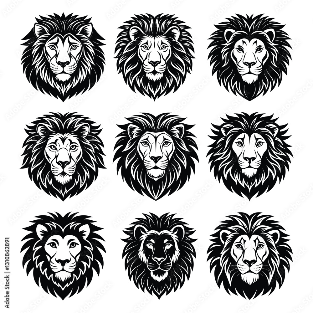 Obraz premium Nine different lion head designs with fierce expressions silhouette isolated on white background