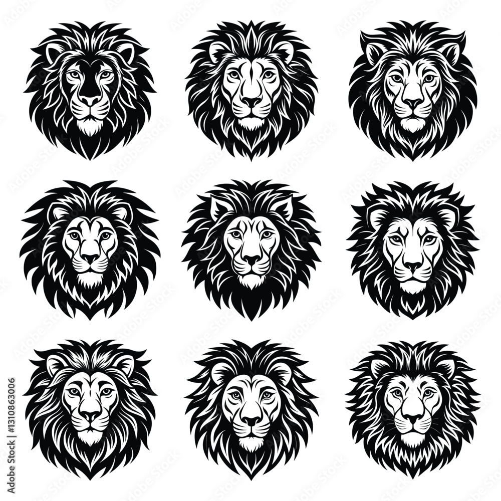 Obraz premium Nine lion head illustrations with different facial expressions silhouette isolated on white background