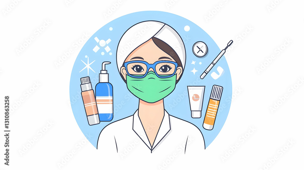 Cartoon Image of Female Esthetician with Skincare Products and Tools Cartoon Image of Female Esthetician with Skincare Products and Tools