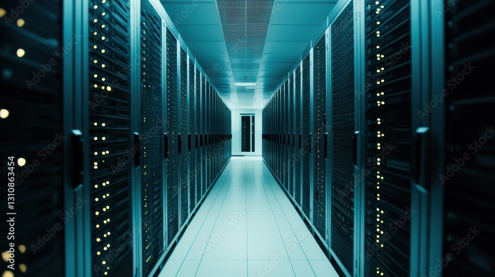 High-tech Server Room with Rows of Dark Racks and Glowing Lights