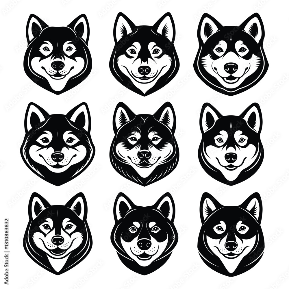 Set of Shiba Inu dog head illustrations with friendly and cheerful expressions silhouette isolated on white background Set of Shiba Inu dog head illustrations with friendly and cheerful expressions silhouette isolated on white background