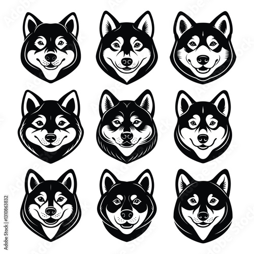 Set of Shiba Inu dog head illustrations with friendly and cheerful expressions silhouette isolated on white background