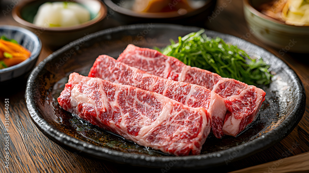 Exquisite Presentation of Wagyu A5 Steak Plated with Garnishes and Accompaniments Exquisite Presentation of Wagyu A5 Steak Plated with Garnishes and Accompaniments