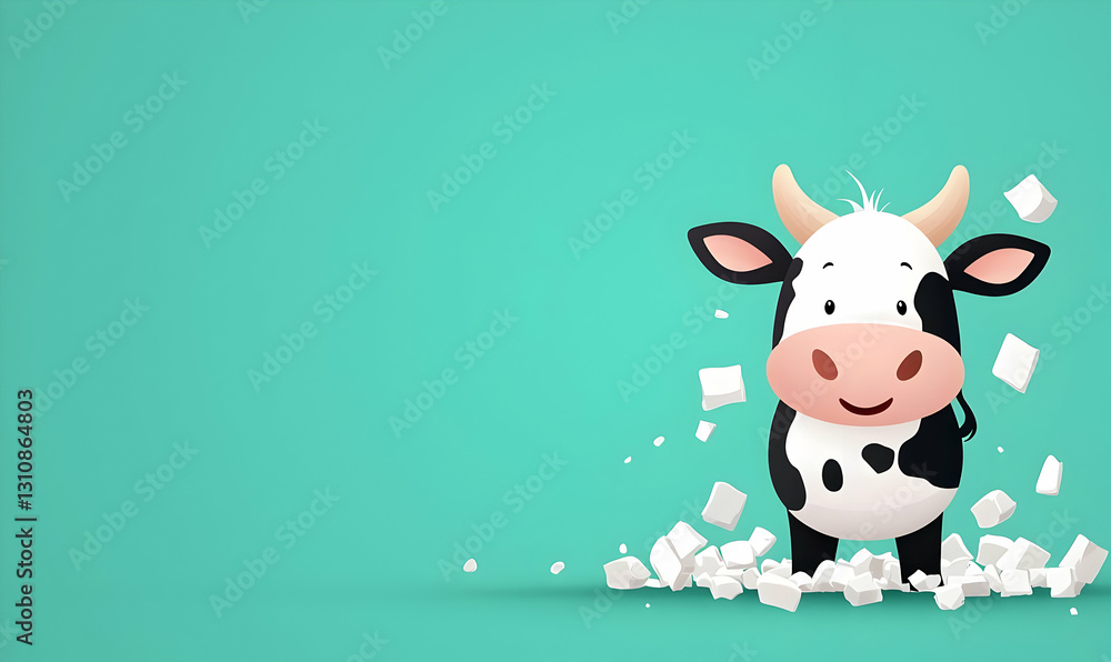 Cartoon cow character standing among scattered cubes on teal background Cartoon cow character standing among scattered cubes on teal background