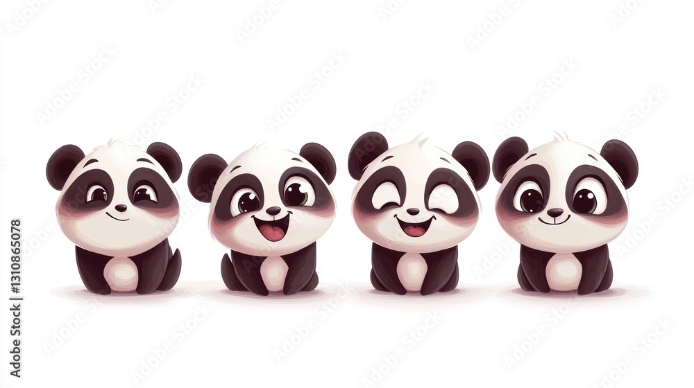 Four adorable pandas with happy and expressive facial expressions are displayed