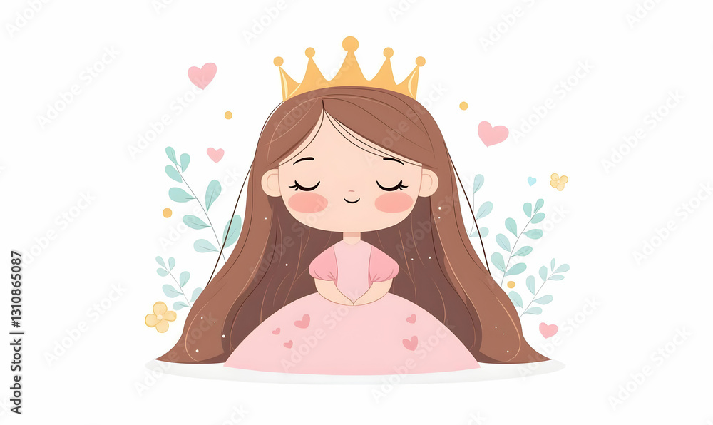 Cute Princess Character with Long Hair and Crown Surrounded by Hearts Cute Princess Character with Long Hair and Crown Surrounded by Hearts