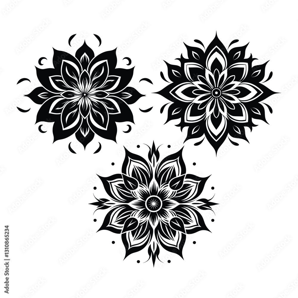 Obraz premium Artistic symmetrical floral designs silhouette isolated on white background