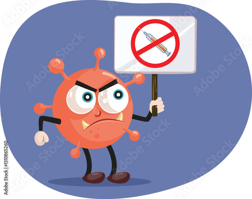 Evil Virus Holding an Anti Vax Sign Vector Cartoon Illustration. Bad viral disease being against vaccine immunization

