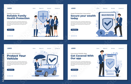 Set of landing page template Insurance concept illustration featuring auto, health, mobile app, and asset protection wealth insurance life family property 