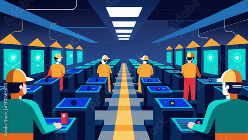 Mining Farm A large warehouse filled with rows of mining rigs each with bright LED lights. Workers are inspecting the machines and monitoring screens that show crypto statistics.