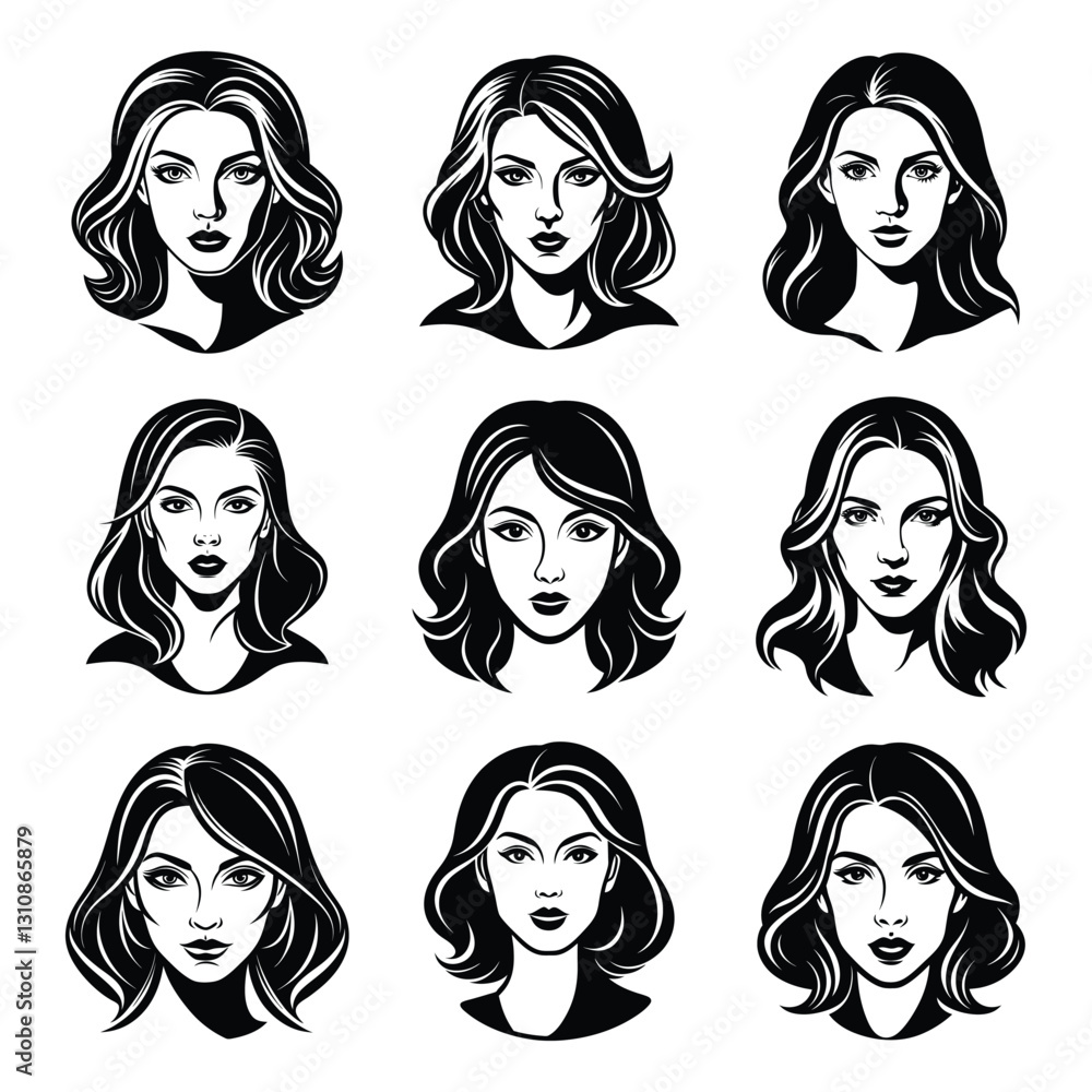 Collection of beautiful woman faces black and white silhouette isolated on white background Collection of beautiful woman faces black and white silhouette isolated on white background