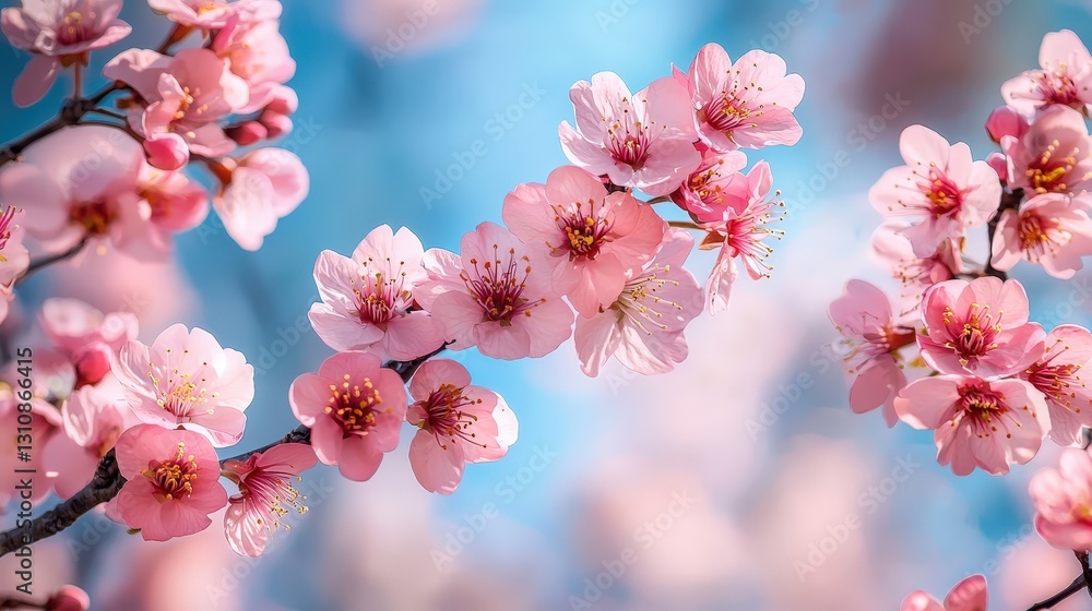 Obraz premium Dreamy Illustration of Vibrant Pink Cherry Blossoms Against a Soft Blue Background