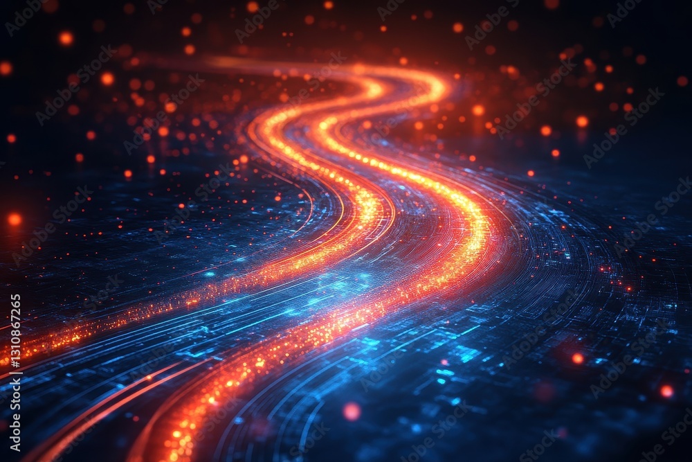 Abstract glowing orange trails on blue digital surface. Illustrates data flow, network speed, or digital transformation. Abstract glowing orange trails on blue digital surface. Illustrates data flow, network speed, or digital transformation.