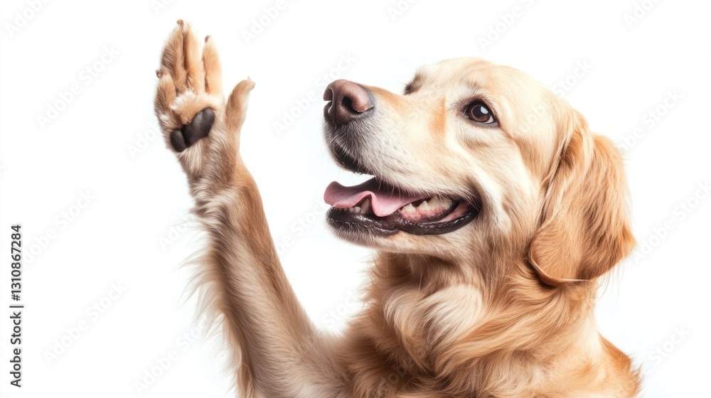 A friendly golden retriever dog raising his paw upwards happily A friendly golden retriever dog raising his paw upwards happily