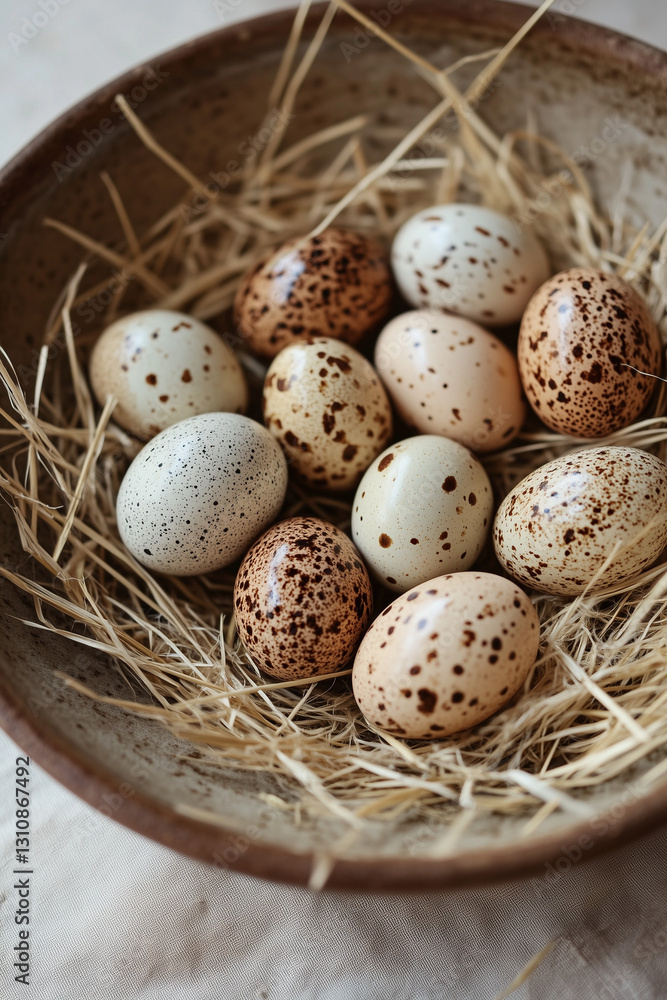 Rustic Bowl with Speckled Quail Eggs in Straw Rustic Bowl with Speckled Quail Eggs in Straw
